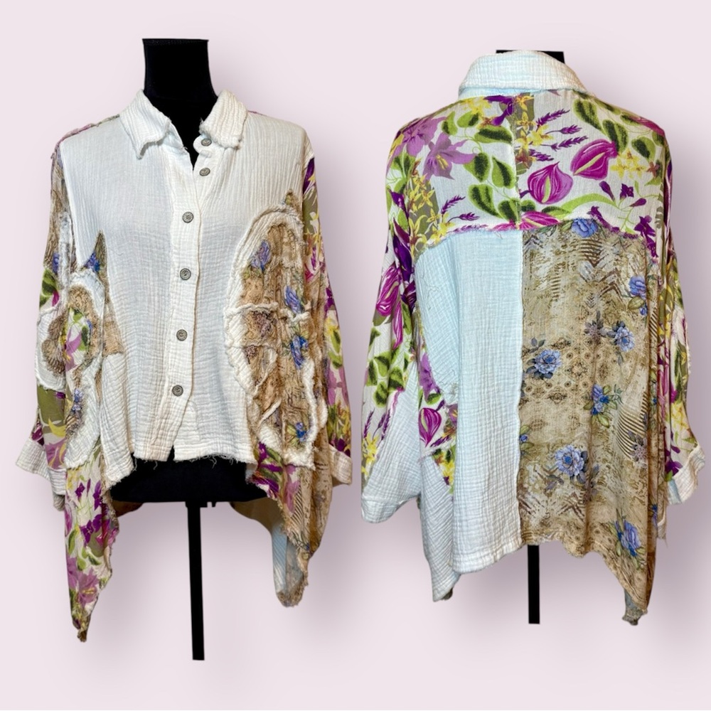 Pol Spliced Patchwork Mixed Media Button Up Boho … - image 1
